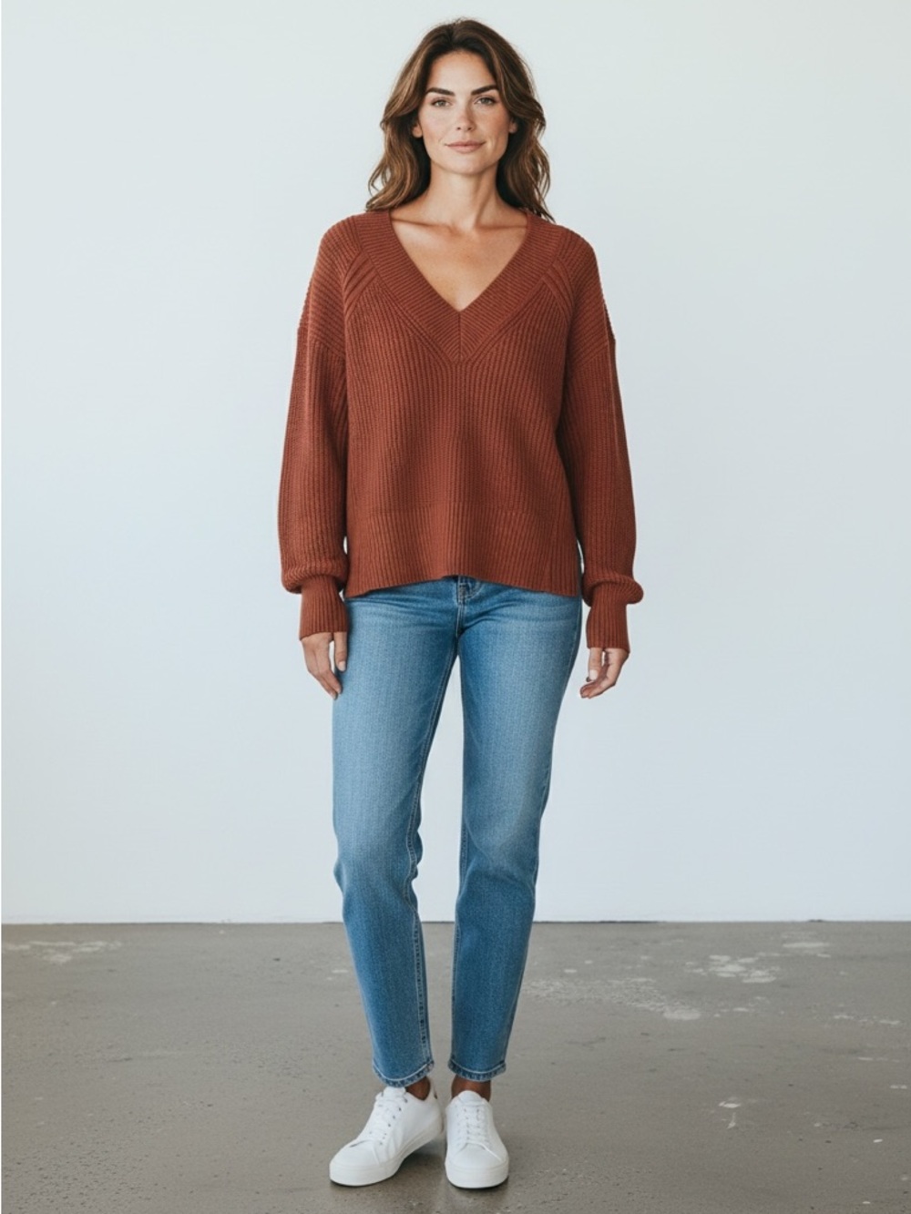 NWT INC International Concepts Rust Burnt Orange Ribbed V-Neck Sweater Small